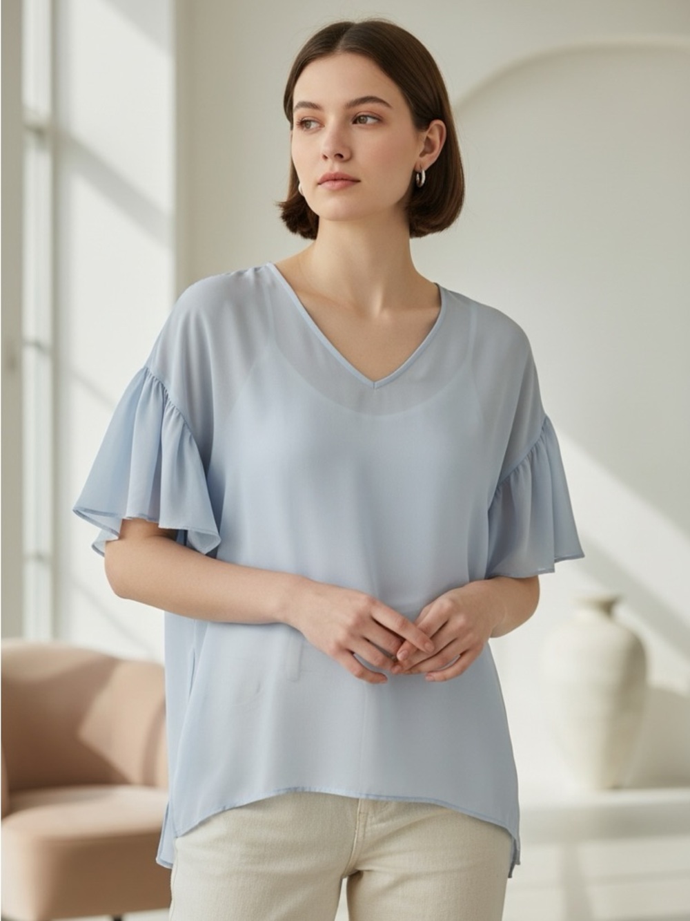 Missoni Light Blue V-Neck Flutter Sleeve Blouse